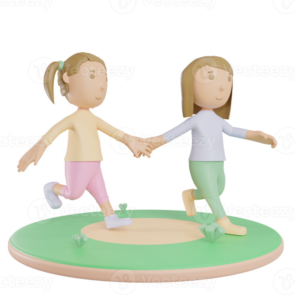 teenage girls holding hands and running illustration 3d render png