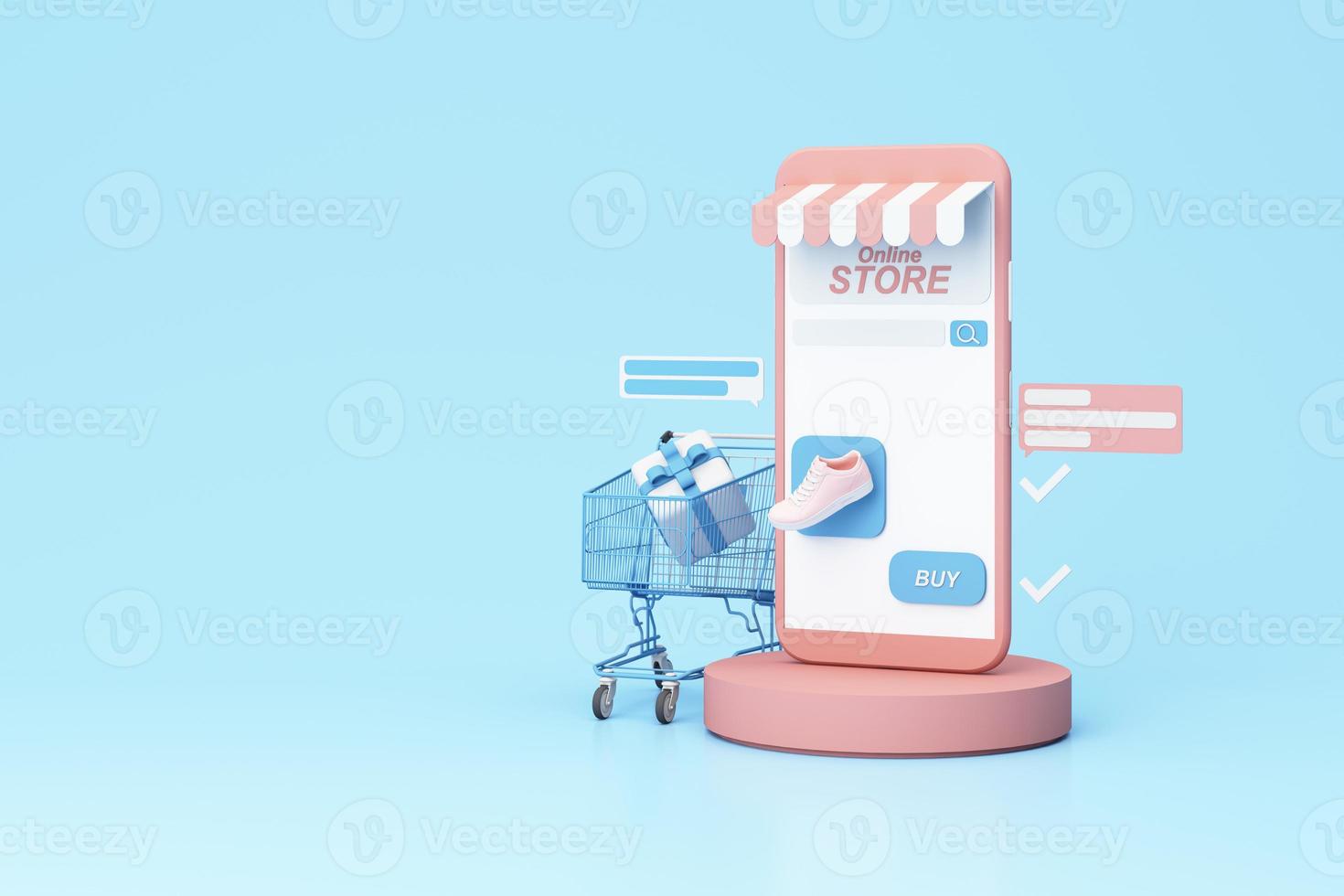 Online store concept on phone screen with striped awning and pastel shoes sneaker on phone screen with buy icon and comment text review product. on a blue pastel background. realistic 3d render photo