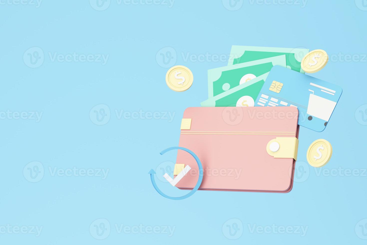 Pink Wallet and Credit card with cash and gold coin floating coins around on blue pastel background. money-saving, cashless society concept. realistic 3d render illustration photo