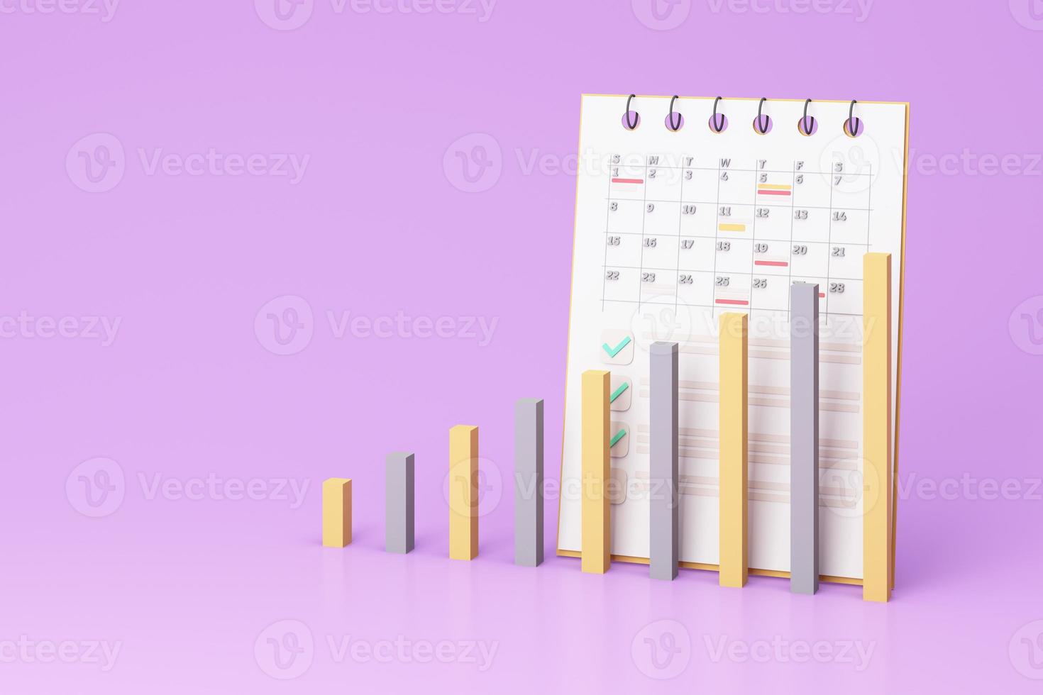 The bar shows the stats that are gradually increasing accordingly. Show monthly turnover of sales and have a detailed calendar on purple background. realistic 3d render photo