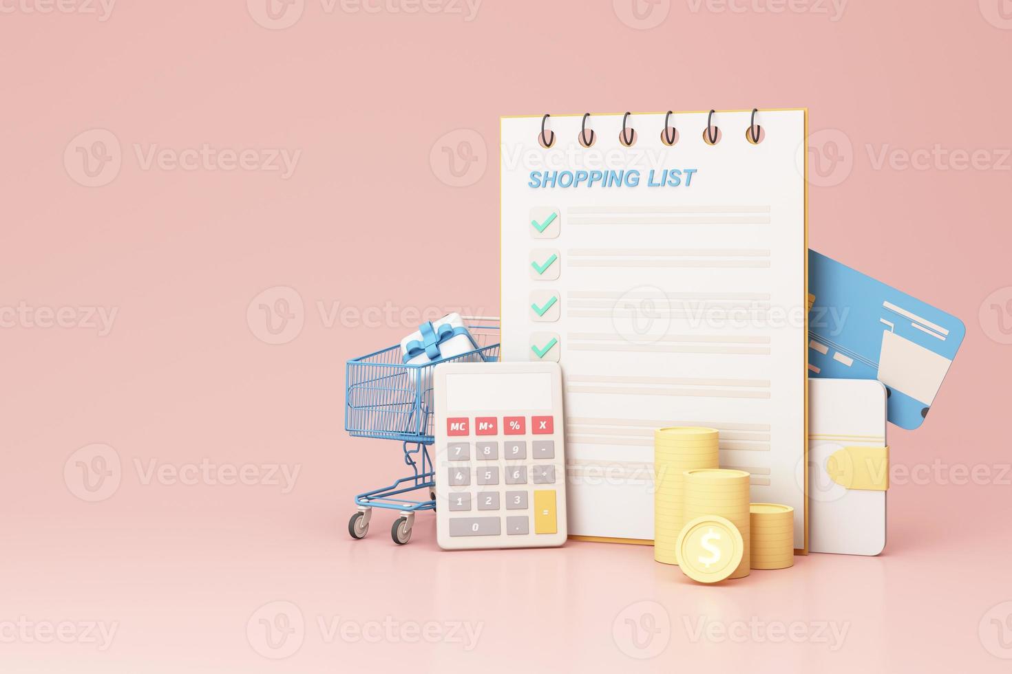 Internet store website interface. Purchases ordering, online payment. E-commerce. Wishlist, buy, my orders list with cart, credit card and money wallet. on pink background realistic 3d render photo