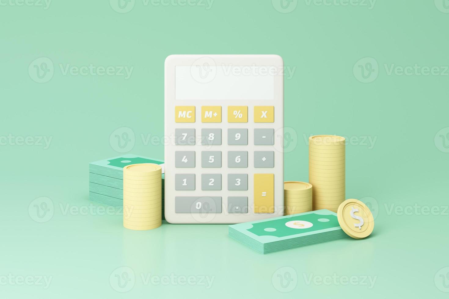 business investment profit concept and money saving, wealth about money and financial planning with Bundle of money, banknote and gold coins with calculator on green background. realistic 3d render photo