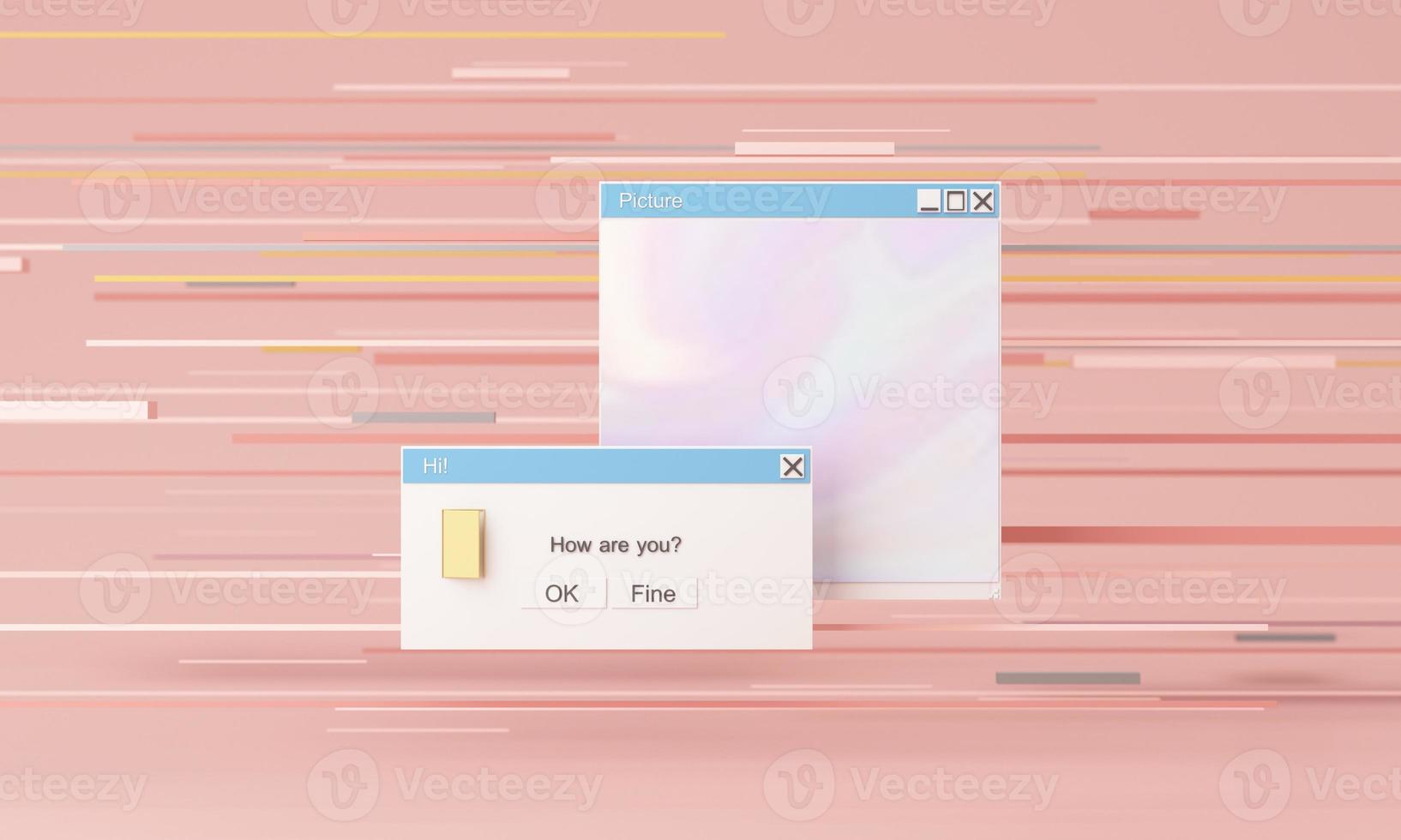 Abstract aesthetic background with 90s style system message windows, pop up icon system message window with how are you text on pink and purple gradient y2k style realistic 3d render photo