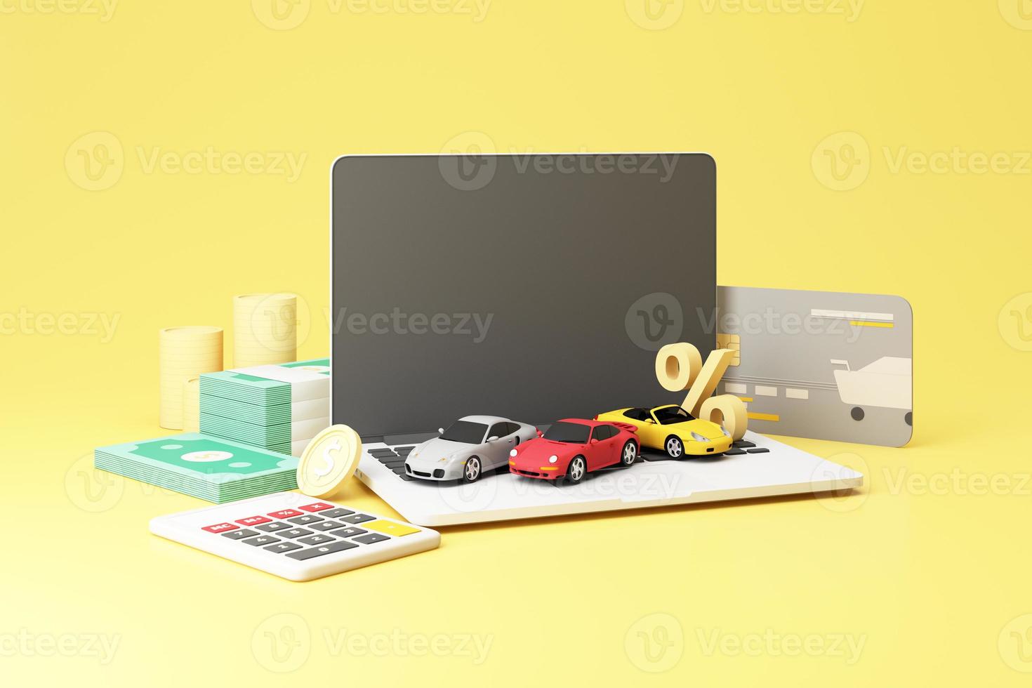Car automobile insurance and collision damage waiver concept surrounding by gold coin and cash with sport car model, laptop with percentage isolated on yellow pastel background. realistic 3d render photo