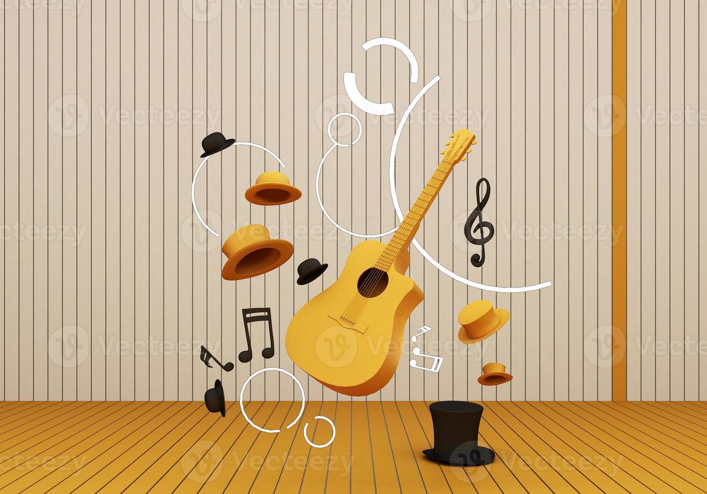 guitarra y sombrero negro con teclas de música en un piso amarillo y renderizado 3d de fondo. foto