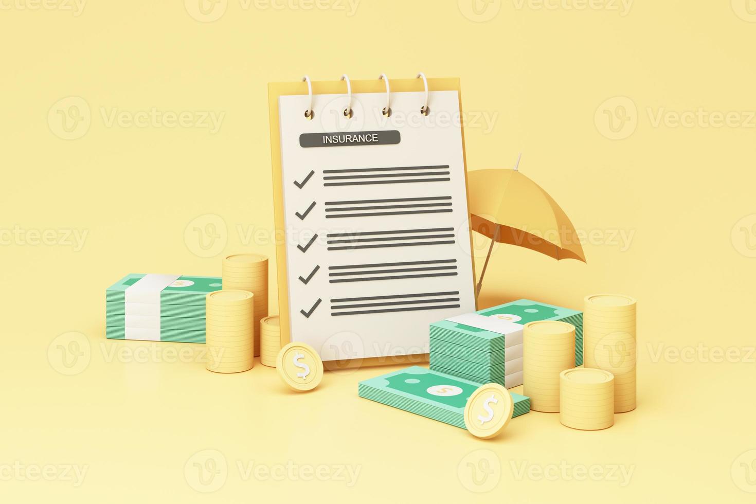 Concept of money protection, financial savings insurance. Secure investment, surrounding by gold coin, cash insurance form and umbrella isolated on yellow pastel background realistic 3d render. photo