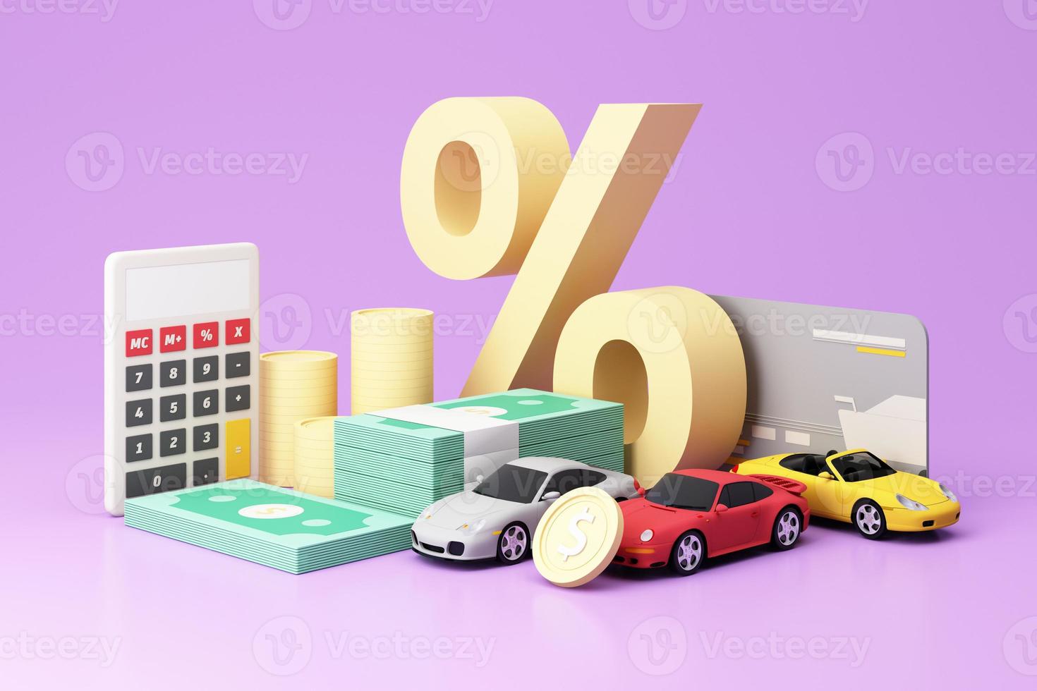 Car automobile insurance and collision damage waiver concept surrounding by gold coin and cash with sport car model, and percentage isolated on purple pastel background. realistic 3d render photo