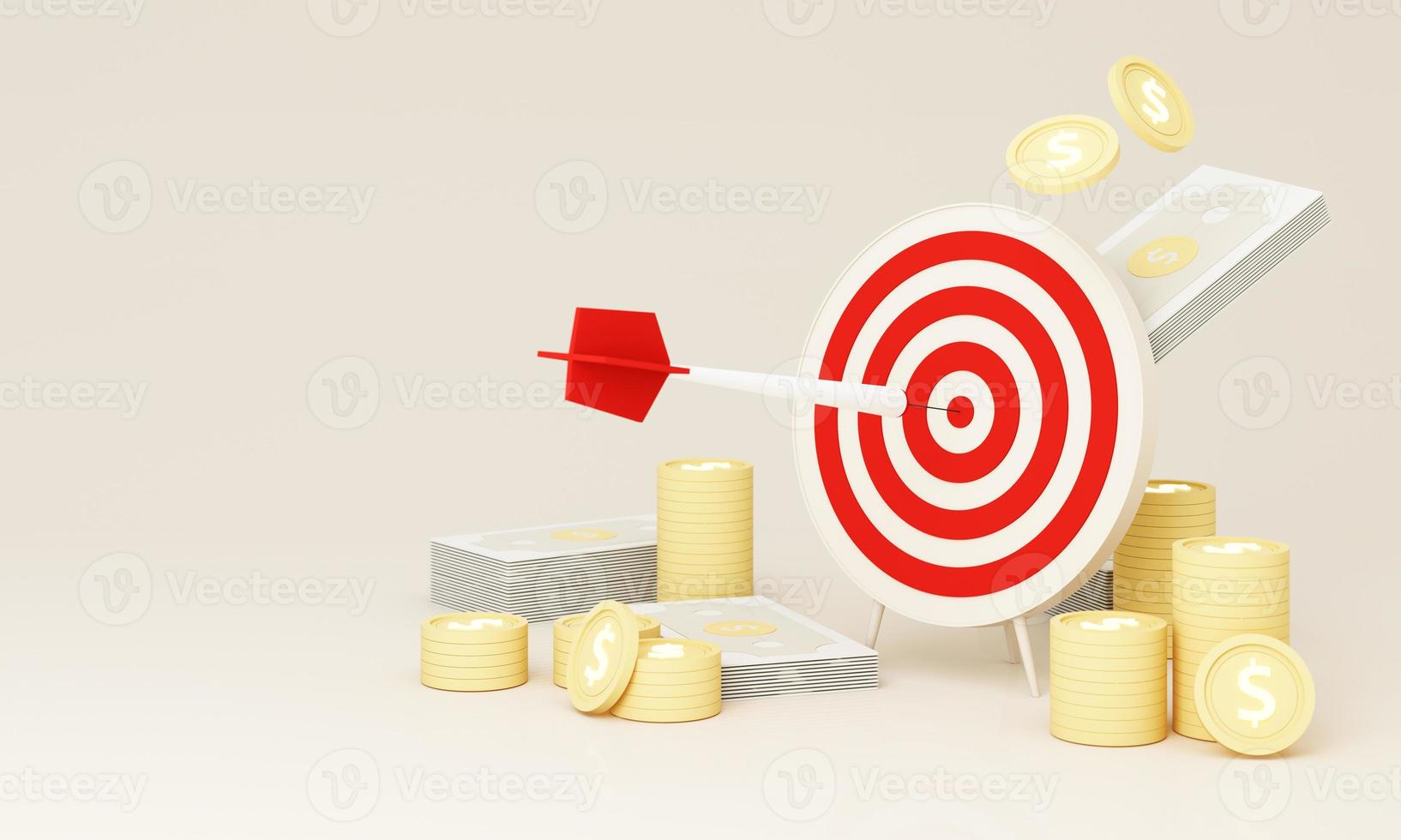 Dart hitting a target on the center on white background with copy space with cash and gold coins on the ground. Minimal concept. 3d render illustration photo
