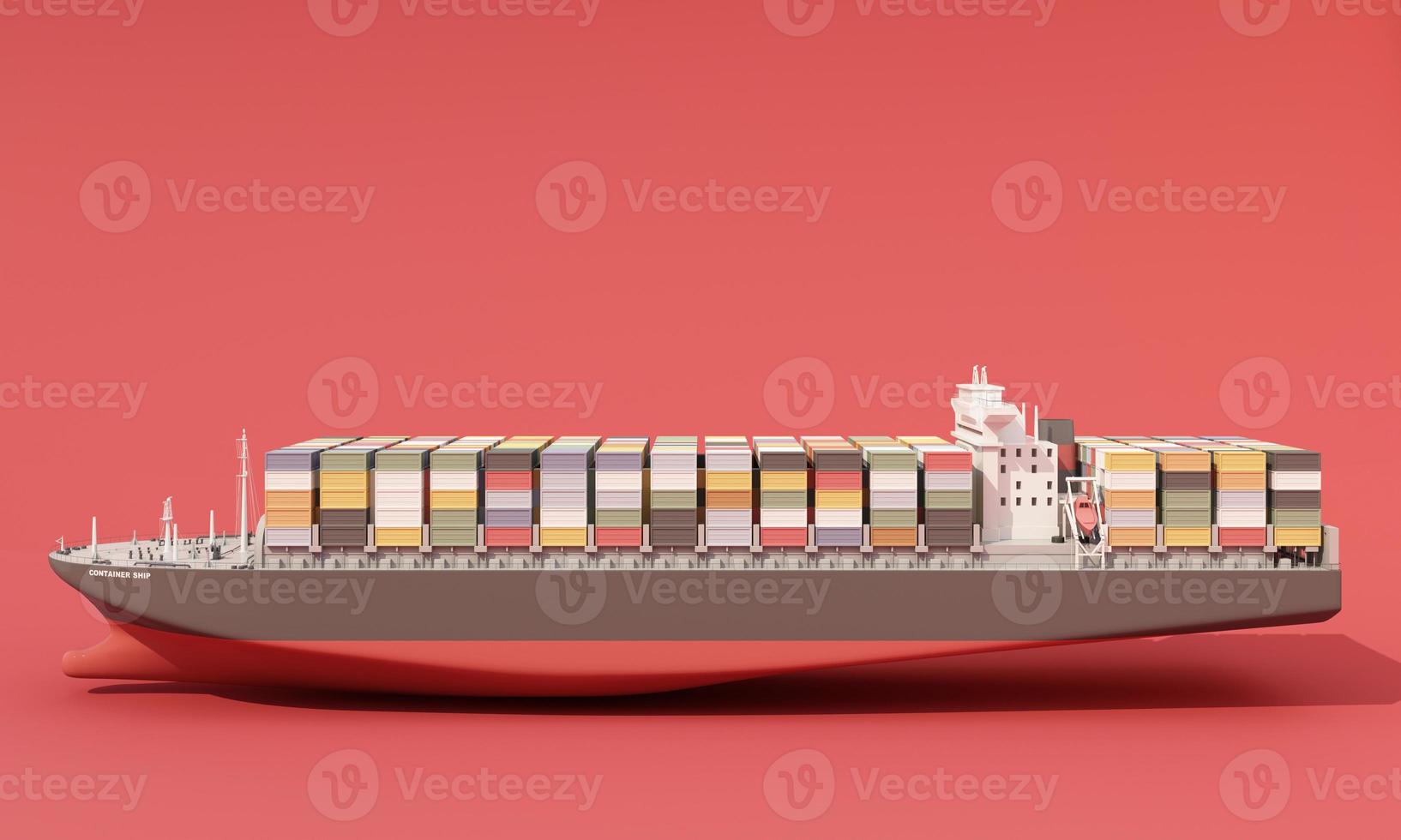 side elevation of cargo ship full of containers on red background. 3D rendering photo