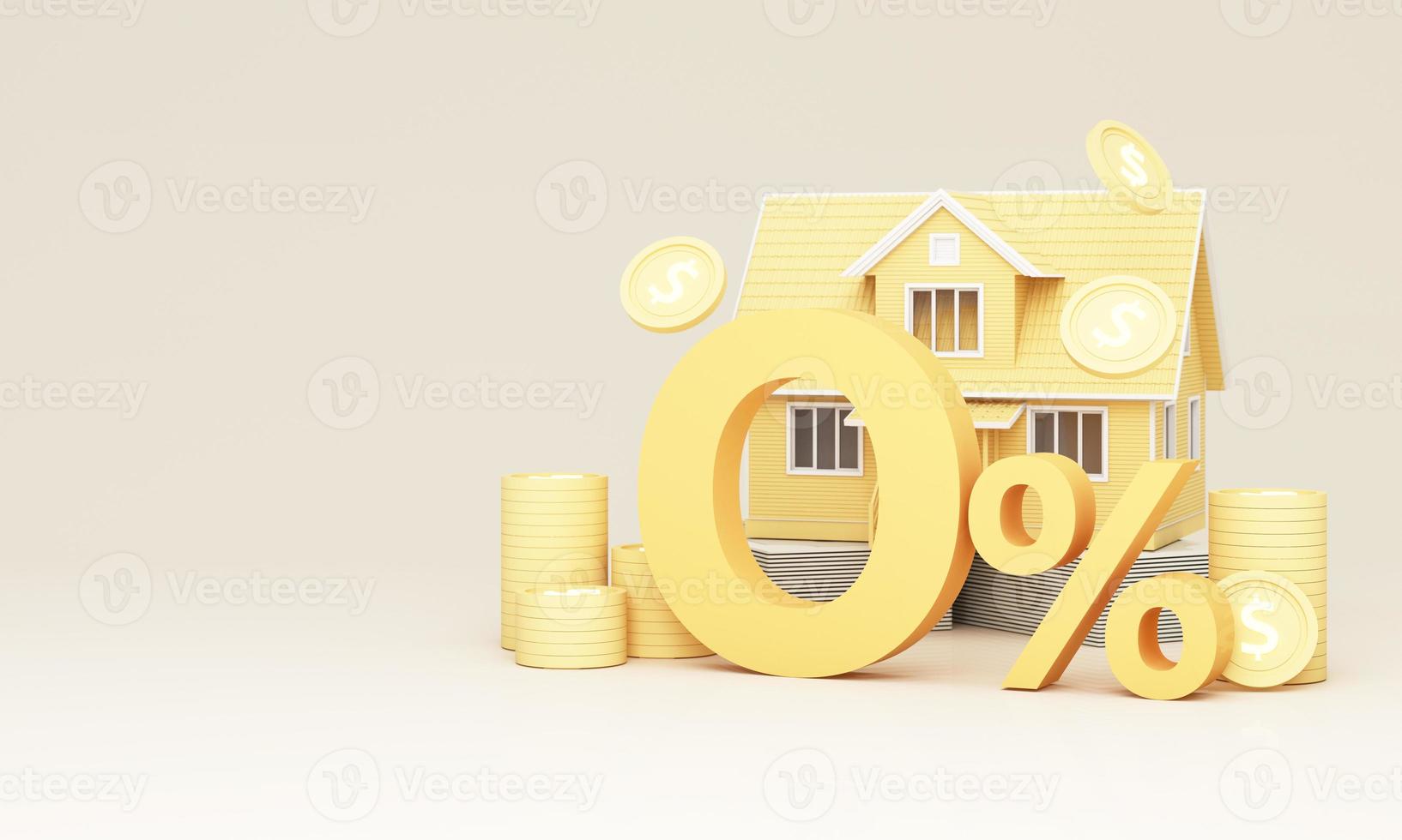 Yellow House with percent discount tag icon Real estate home. Credit percentage symbol. deposits and digital money in the concept of financial stability and growth on background. realistic 3d render photo