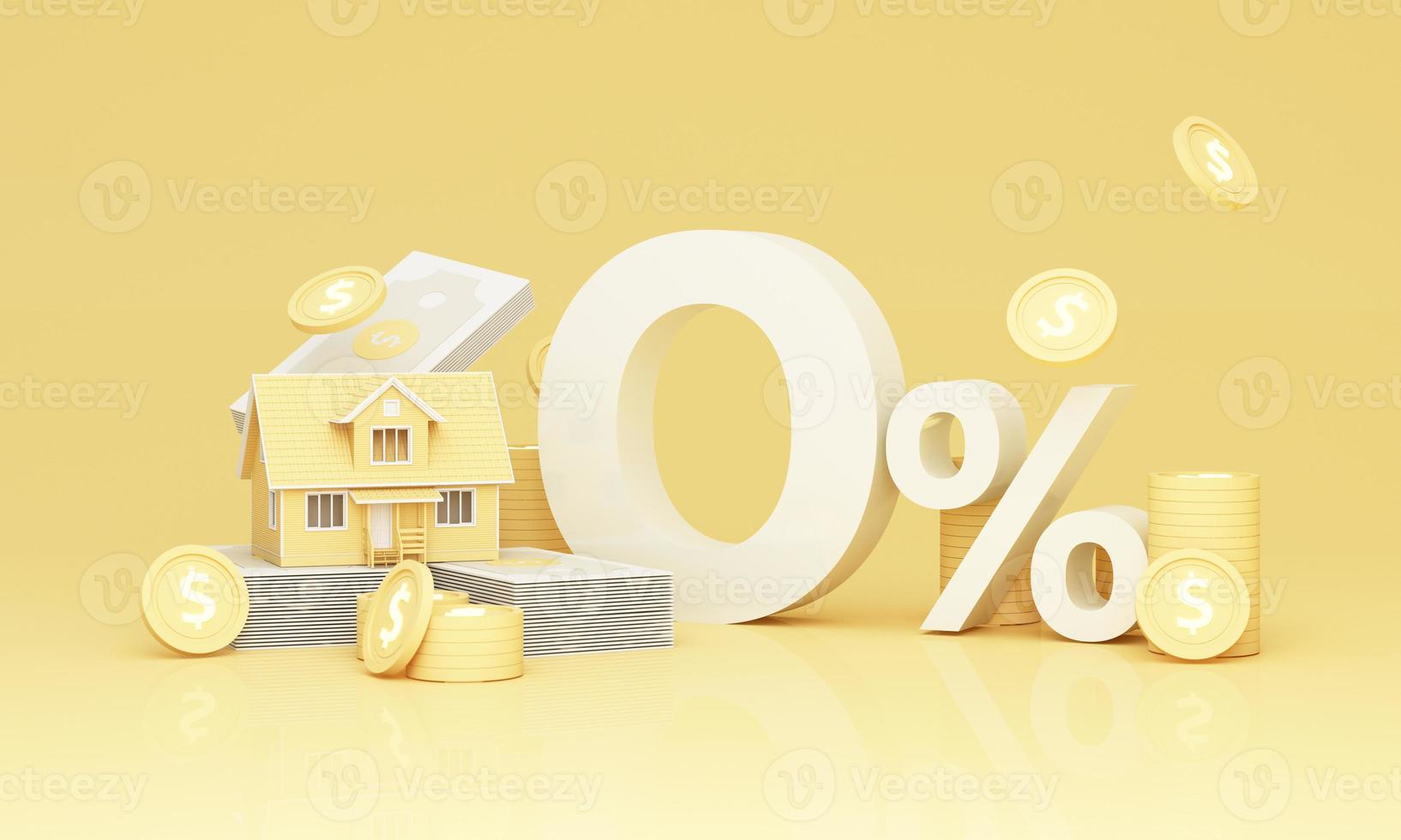 Yellow House with percent discount tag icon Real estate home. Credit percentage symbol. deposits and digital money in the concept of financial stability and growth on background. realistic 3d render photo