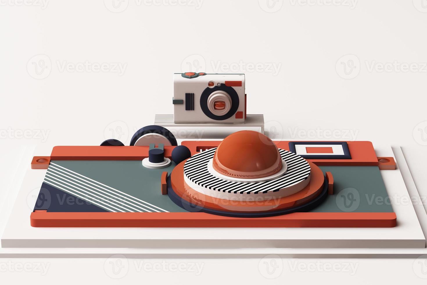 Design with composition the camera of geometric memphis style shapes in pastel tone. 3d rendering illustration photo