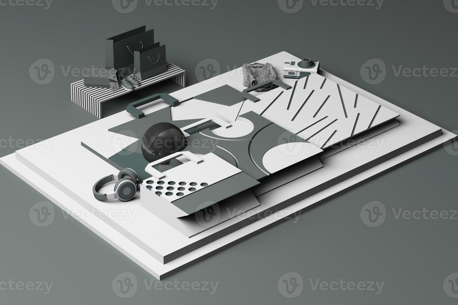 Design with composition of shopping bag by geometric memphis style shapes in pastel tone. 3d rendering illustration photo
