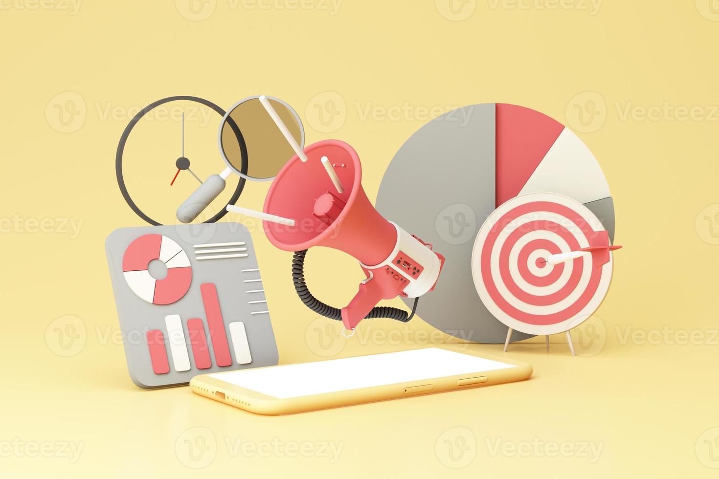 business promotion, advertising, call through the horn, online alerting with megaphone and online social media isolated on pastel color background realistic 3d rendering photo