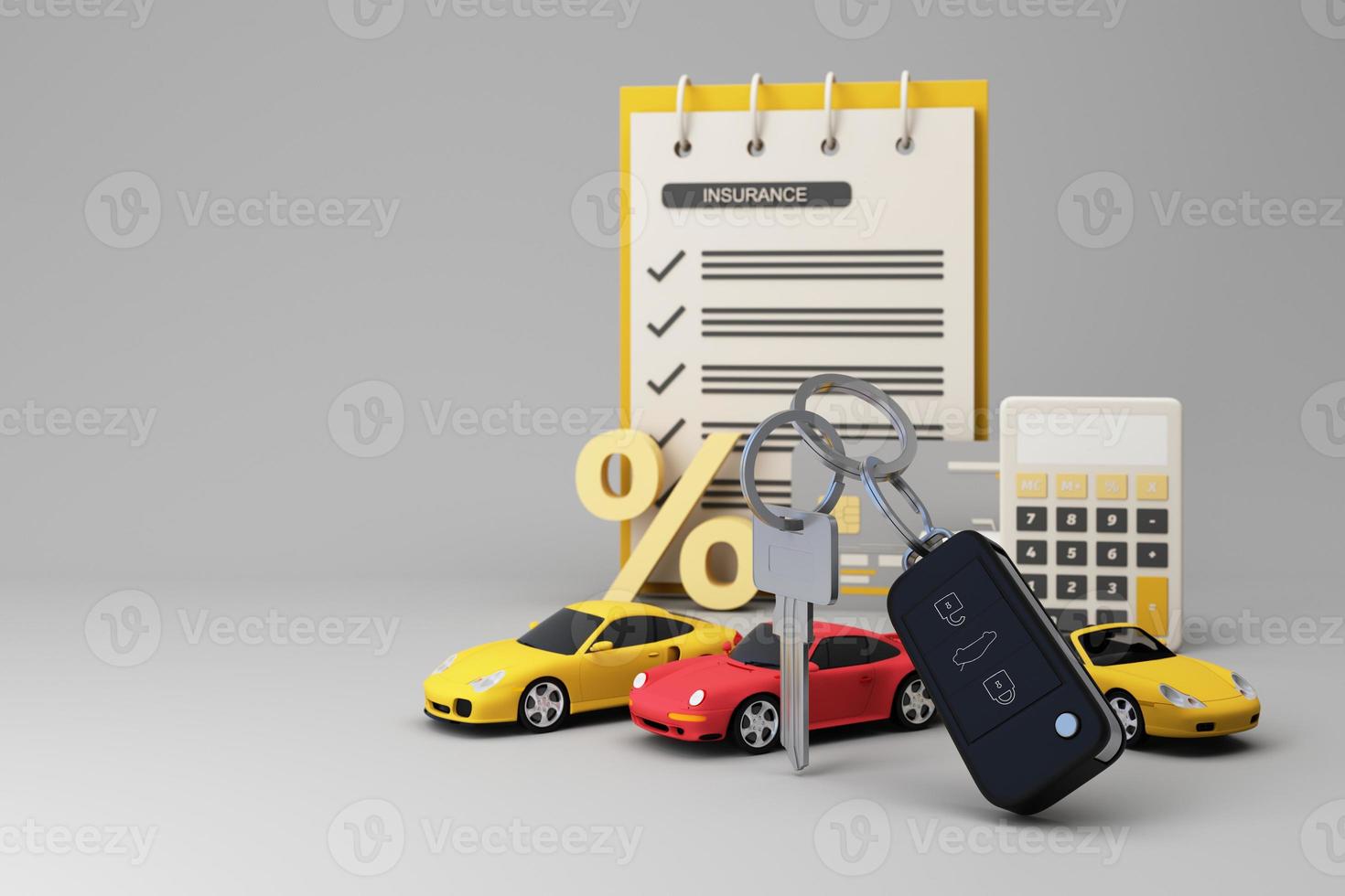 Dealer giving keys chain to a buyer. car rental or sale and car insurance or savings to buy a car concept with money cash and calculator and money coins on pastel background 3d rendering photo