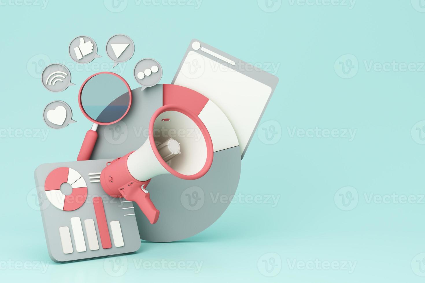 business promotion, advertising, call through the horn, online alerting with megaphone and online social media isolated on pastel color background realistic 3d rendering photo