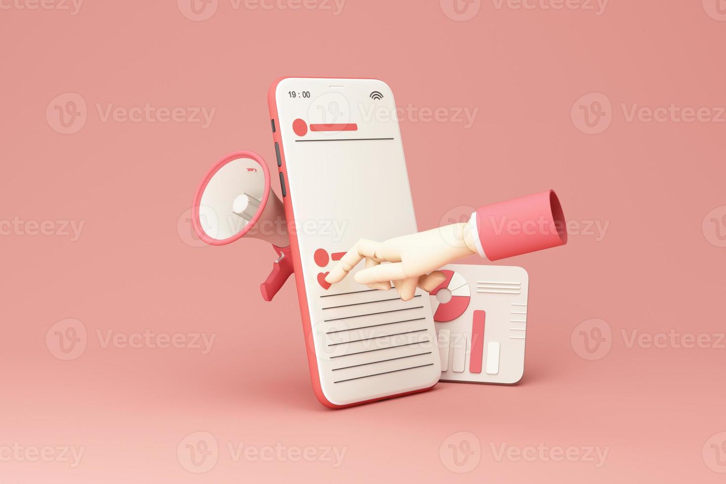 business promotion, advertising, call through the horn, online alerting with megaphone and online social media isolated on pastel color background realistic 3d rendering photo