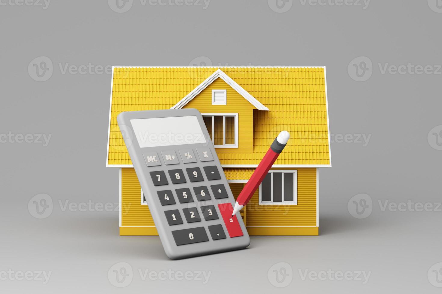 Real estate property investment or insurance. Home mortgage loan rate. Saving money for retirement concept. Coin stack on banknotes with yellow house model, homes key and cartoon hand. 3d rendering photo