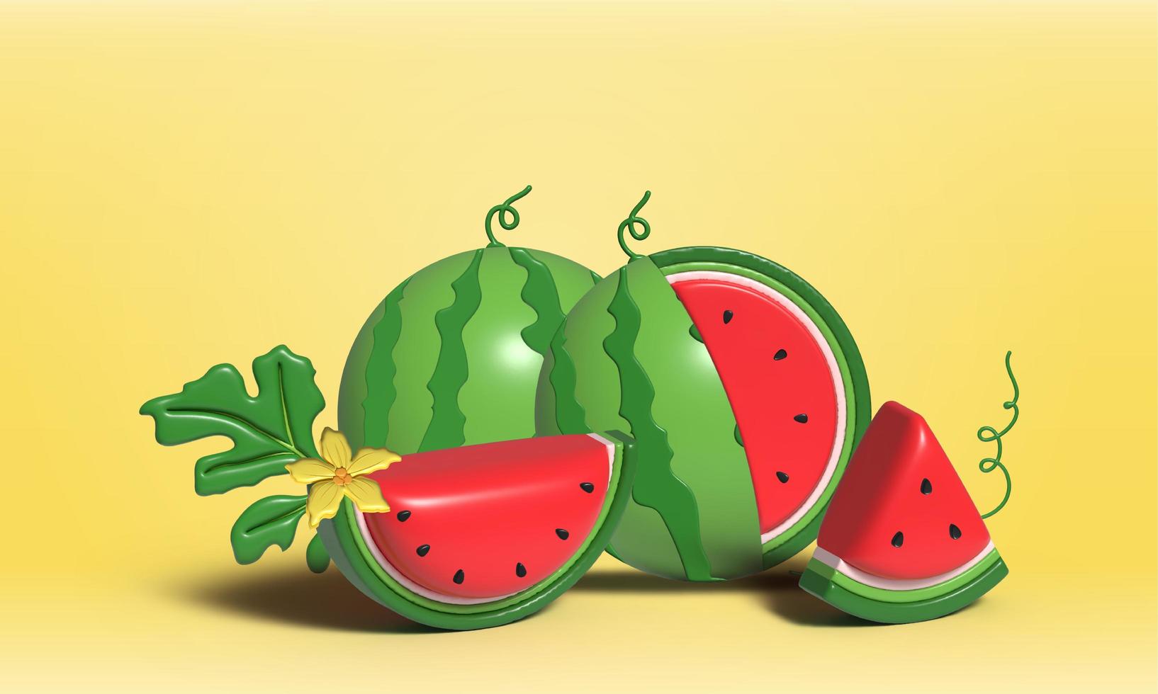 3D Watermelon and juicy slices banner, 3D illustration of watermelon juice, Fresh and juicy fruit concept of summer food. photo