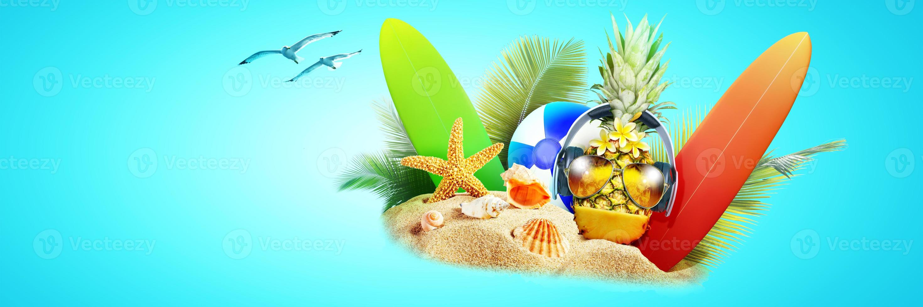 Creative pineapple with sunglasses on summer background. photo