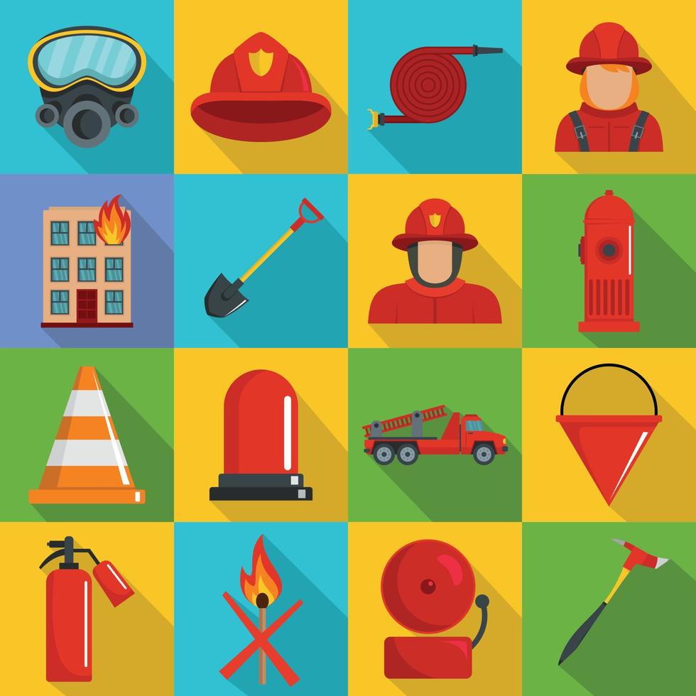 Fire fighter icons set, flat style vector