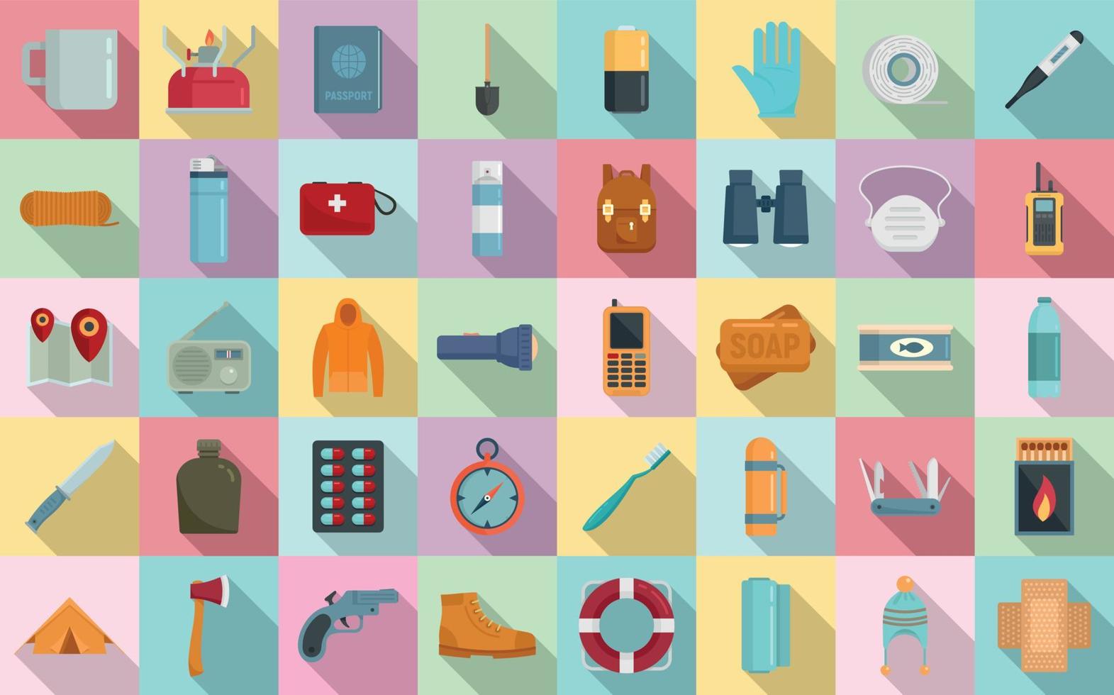 Survival icons set, flat style vector