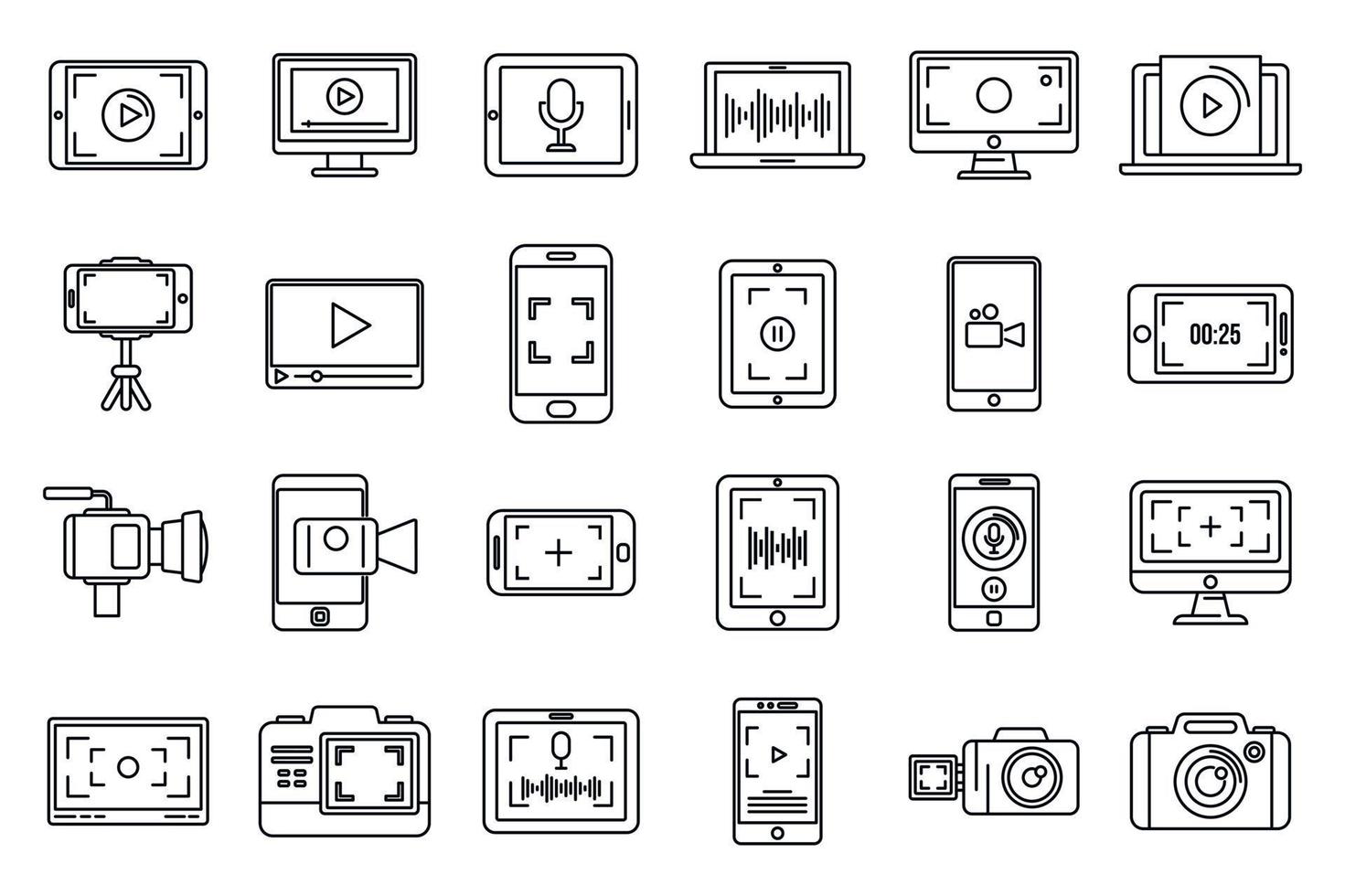 Digital screen recording icons set, outline style vector