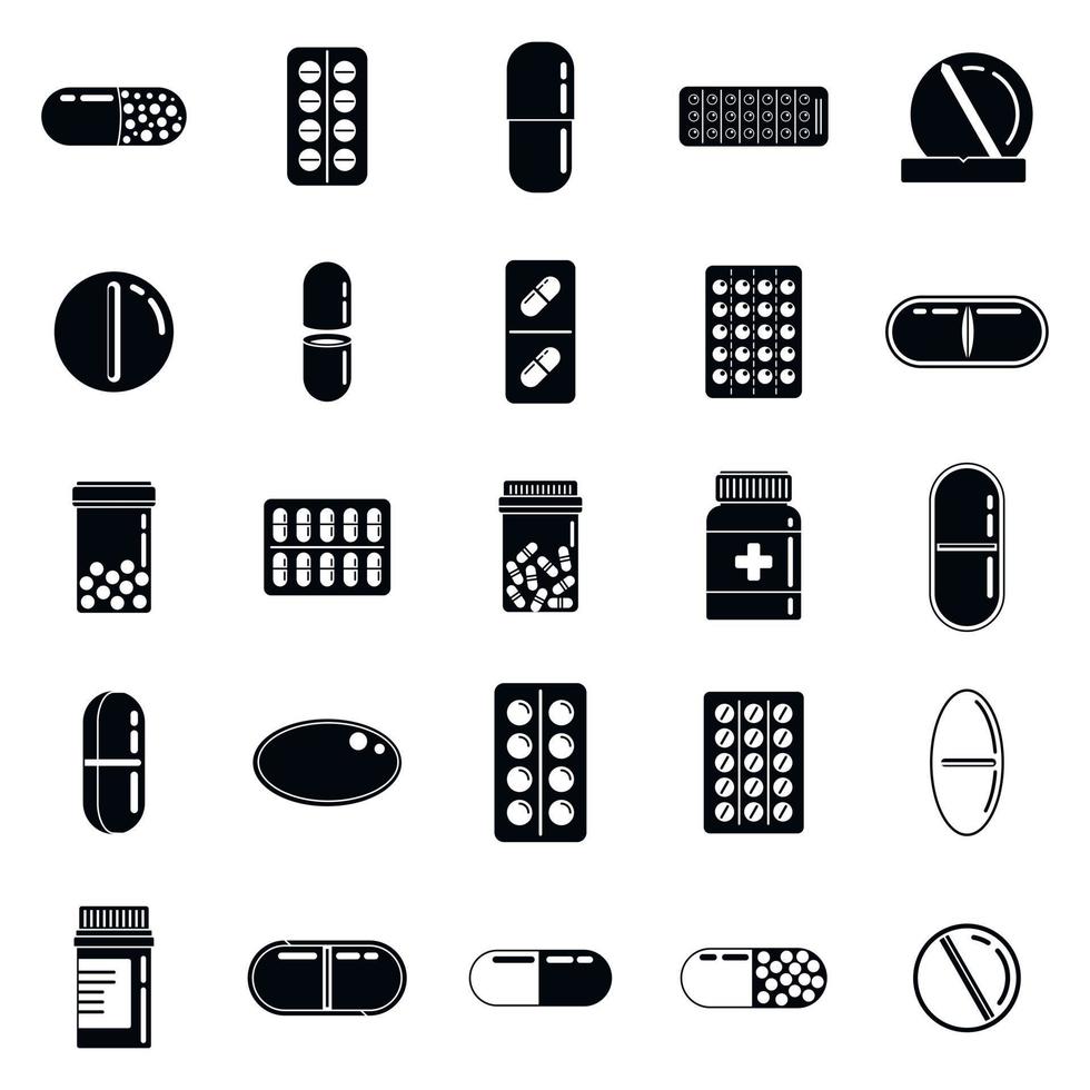 Pill drug icons set, simple style vector