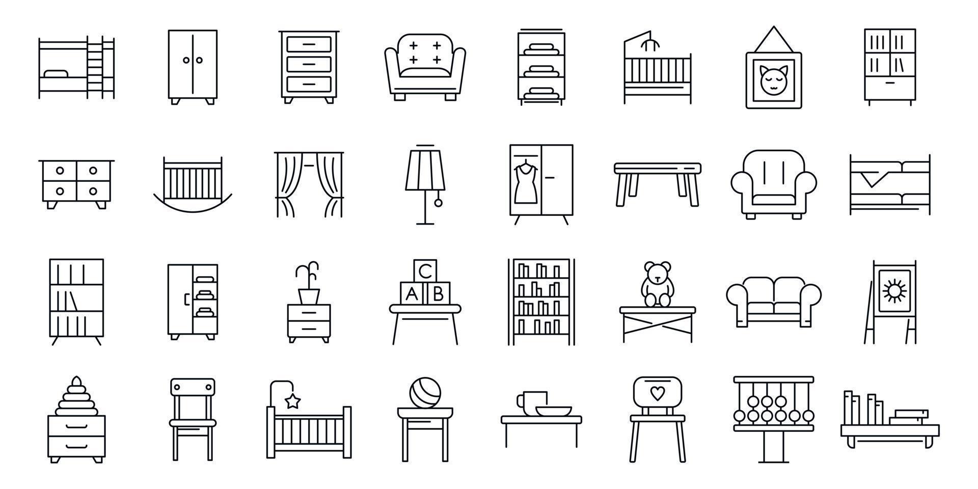 Childrens room icons set, outline style vector