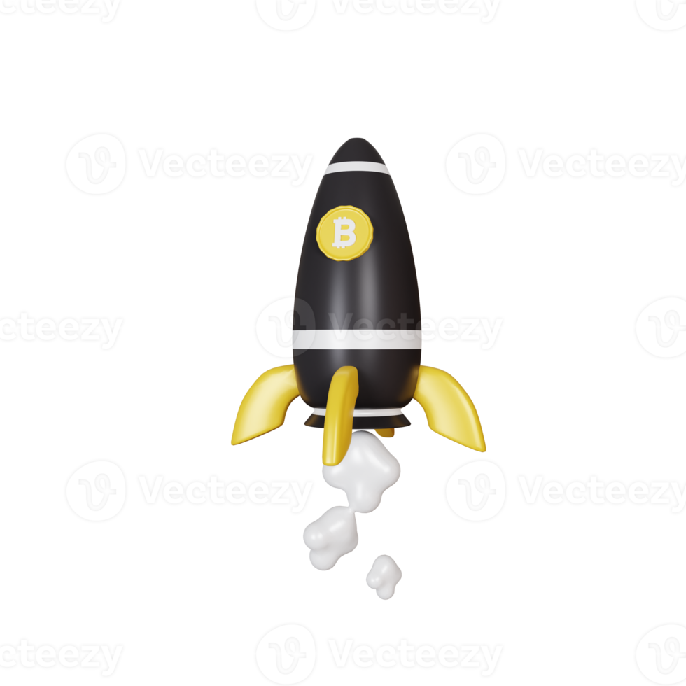 3d rendering bitcoin rocket starup illustration png