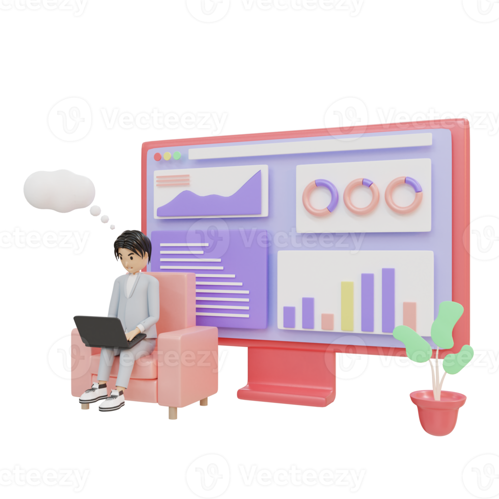3d business man sit and analytic illustration object png