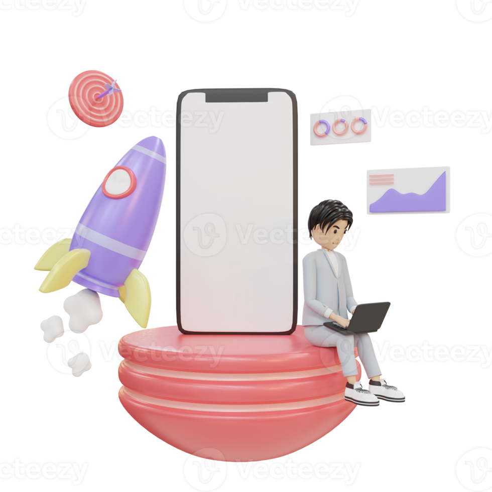 homem de negócios de renderização 3D e objeto de ilustração de smartphone png