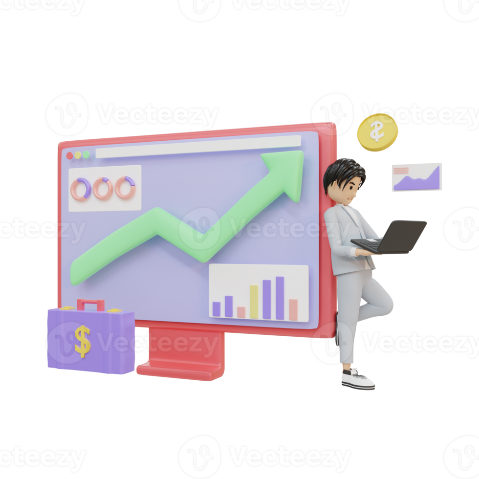 3d rendering business man monitoring chart illustration object png