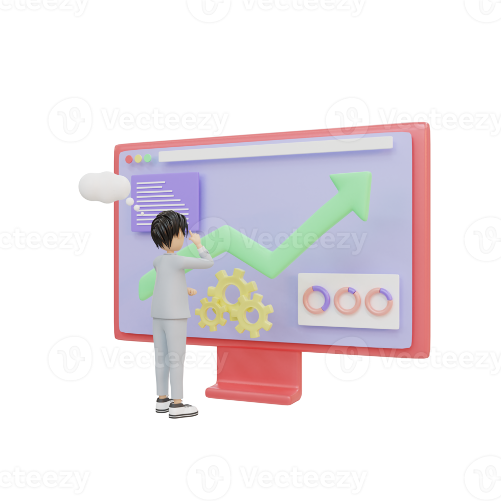 3d rendering business man with monitoring chart illustration object png