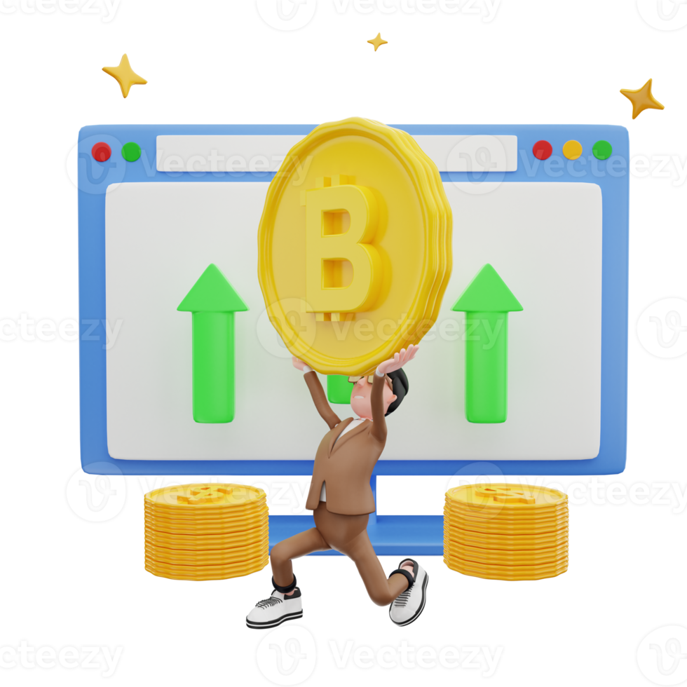 3d rendering man raises bitcoin illustration png