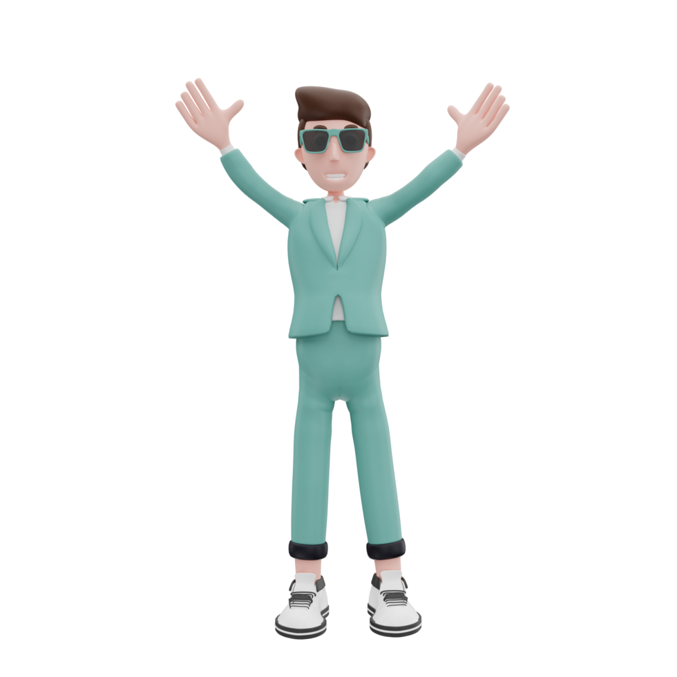 3d rendering businessman raising both hands pose png