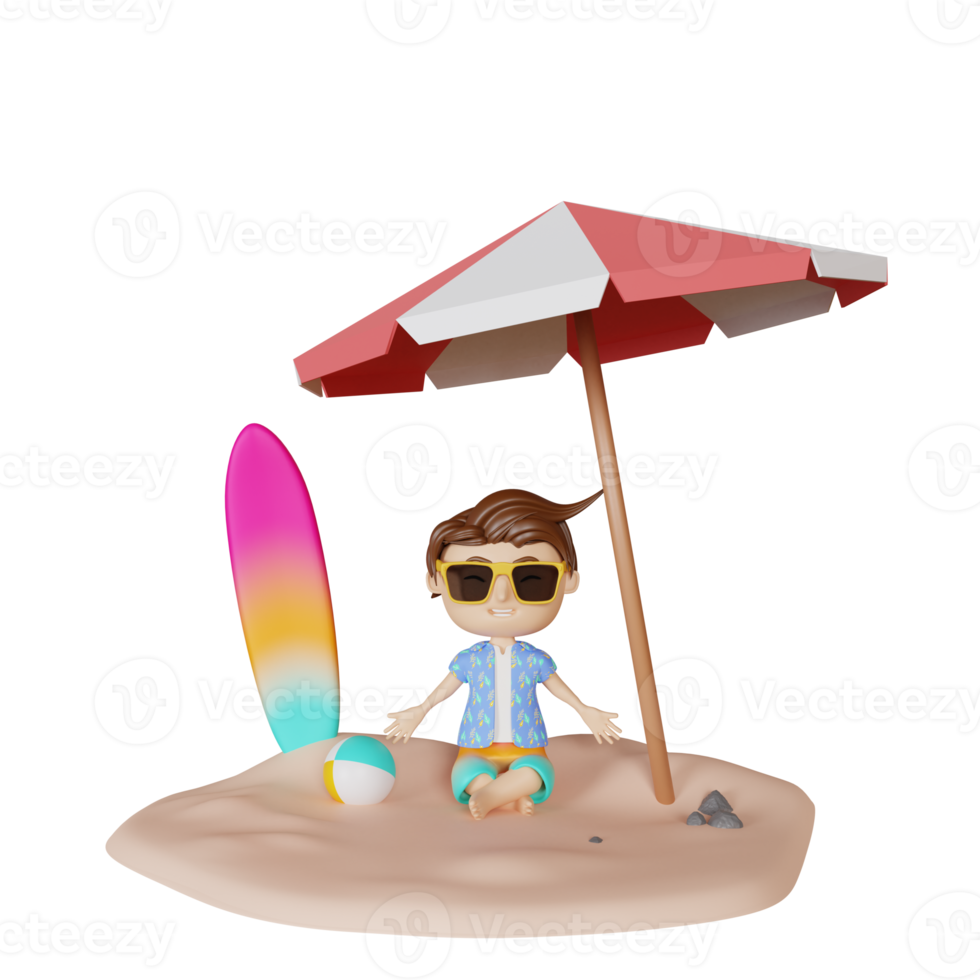 3d rendering cute boy relaxing in summer png