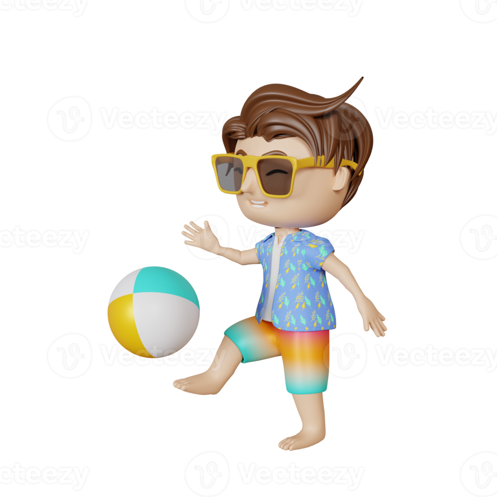 3d rendering cute boy playing with ball in summer png