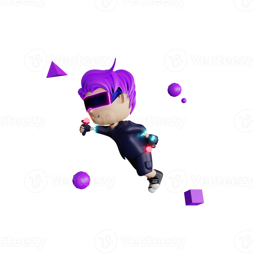 3d cute boy metaverse character is flying and play vr with stick png