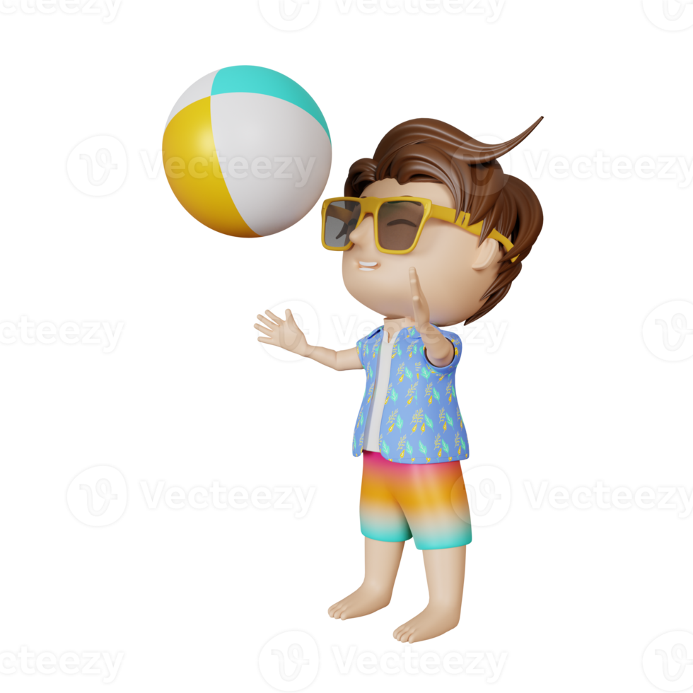 Garoto bonito de renderização 3D joga com bola no verão png