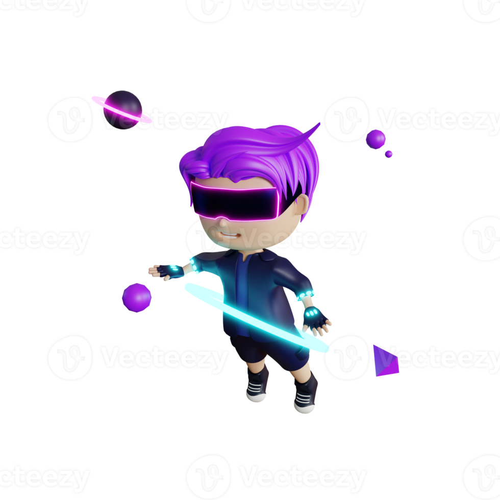 3d cute boy metaverse play vr and neon lamp png