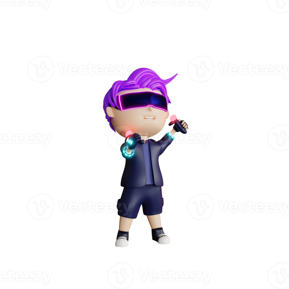 3d cute man with vr metaverse illustration png