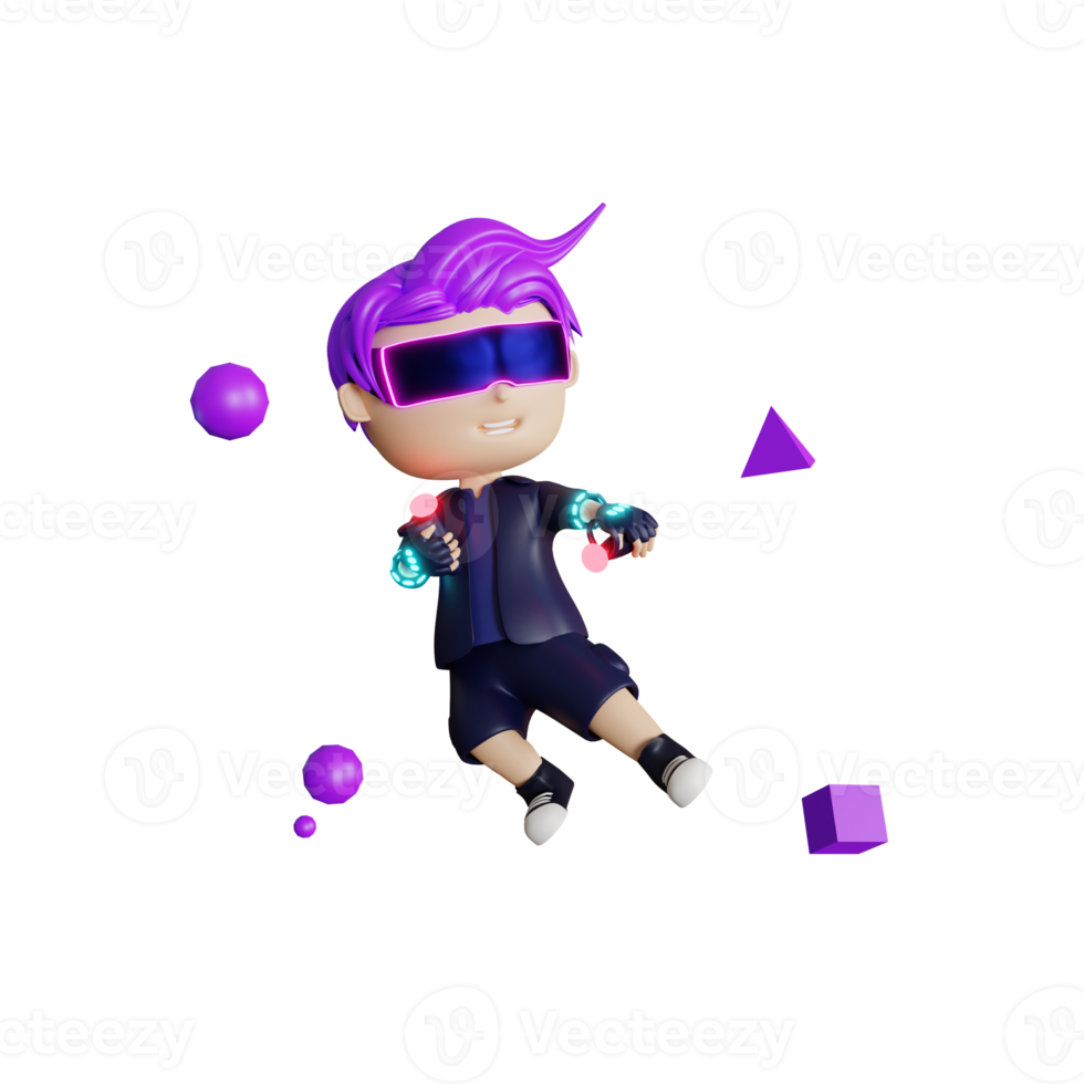 3d cute boy play with vr metaverse illustration png