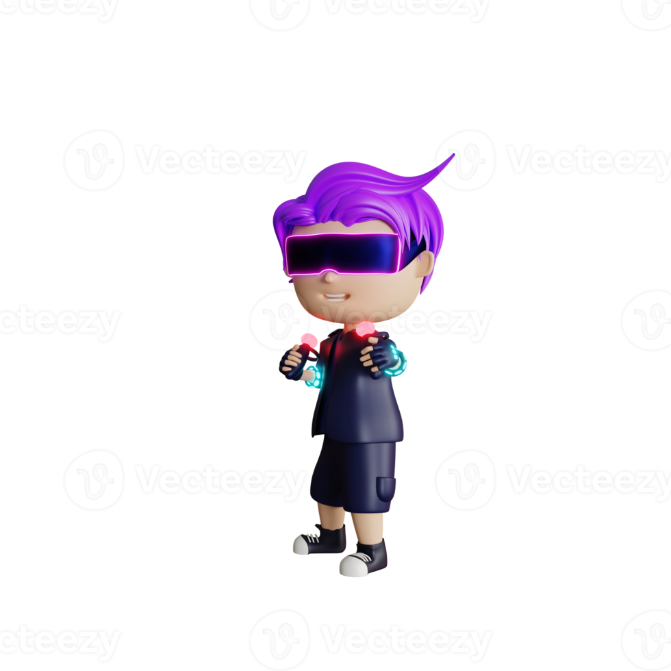 3d cute boy with vr metaverse illustration png