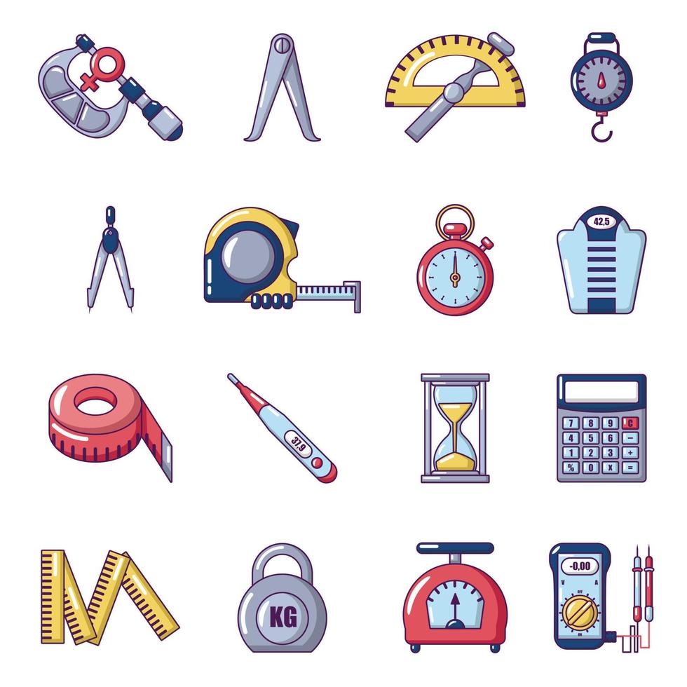 Measure precision icons set, cartoon style vector