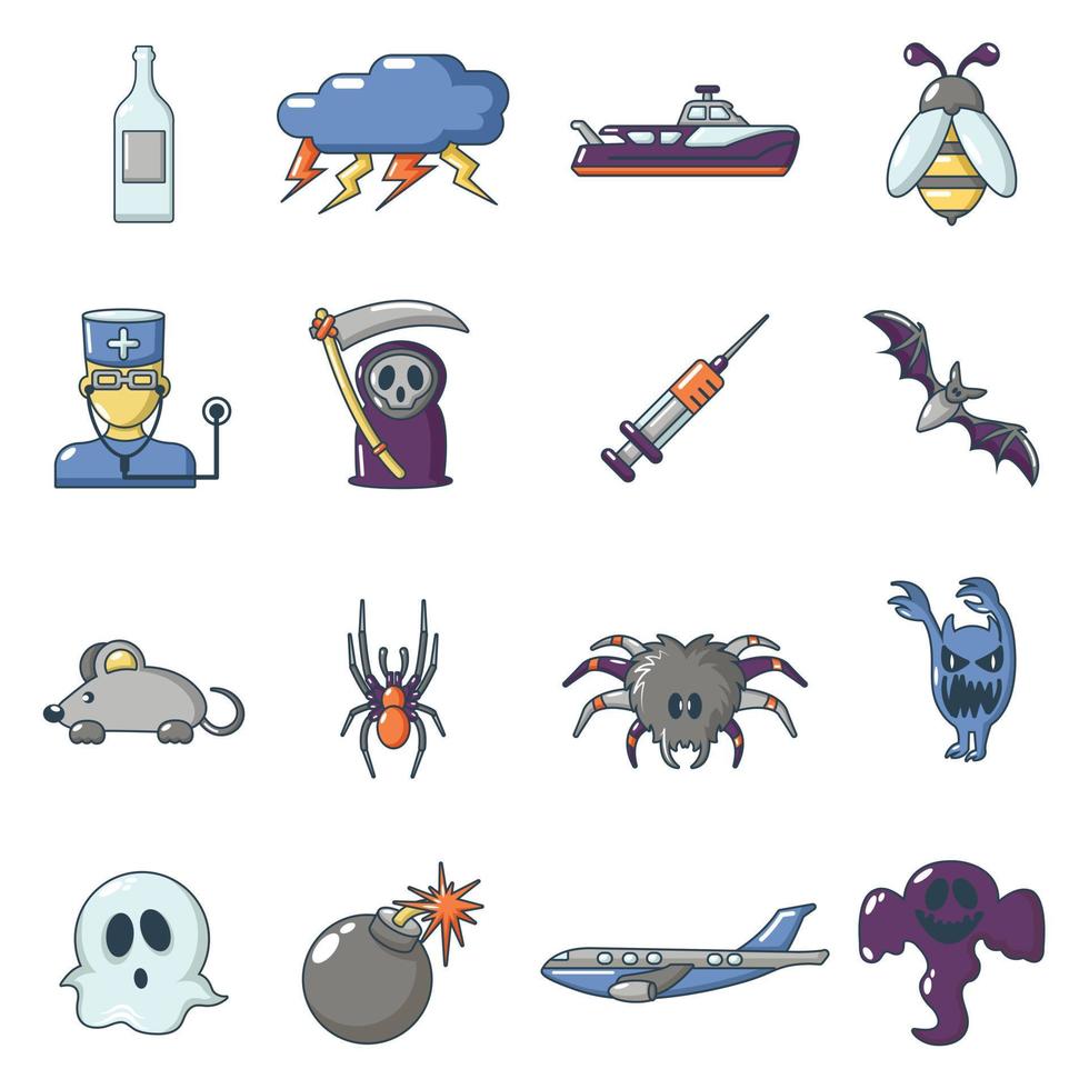 Fears phobias icons set, cartoon style vector