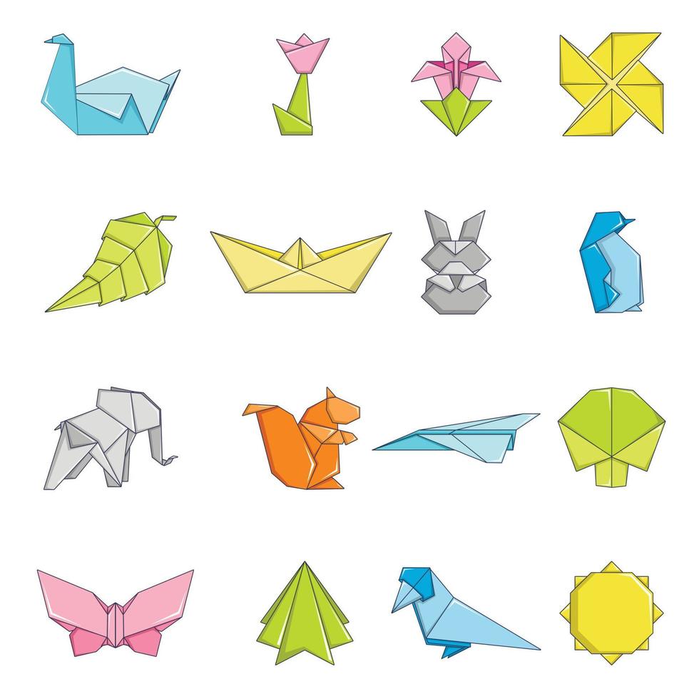 Origami icons set, cartoon style vector