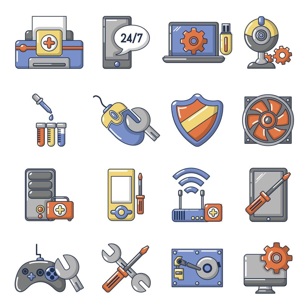 Computer repair service icons set, cartoon style vector