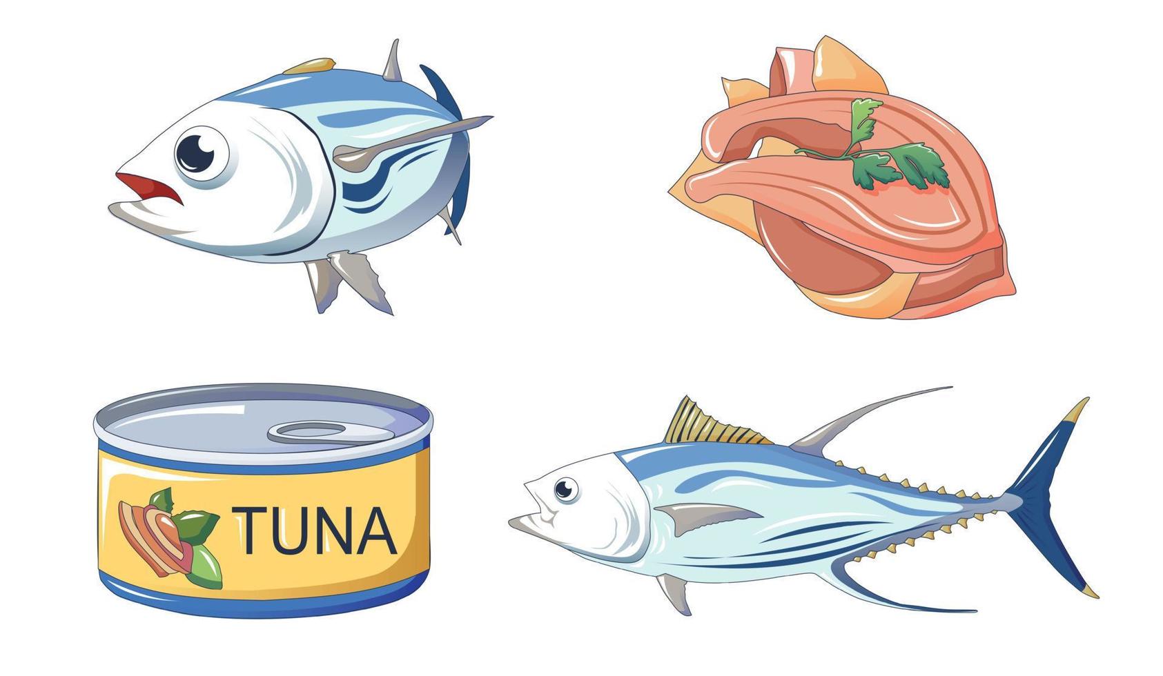 Tuna fish icons set, cartoon style vector