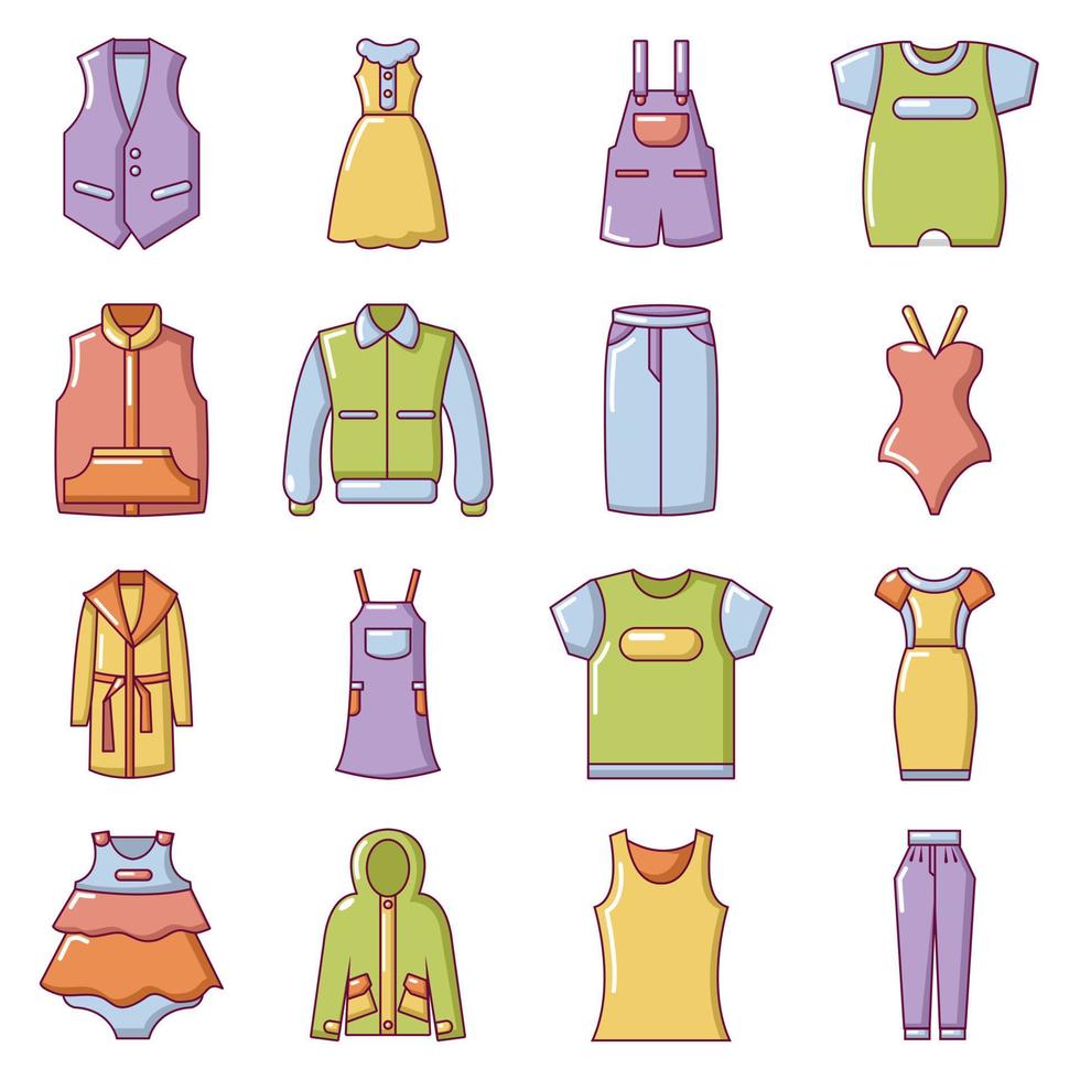 Fashion clothes wear icons set, cartoon style vector